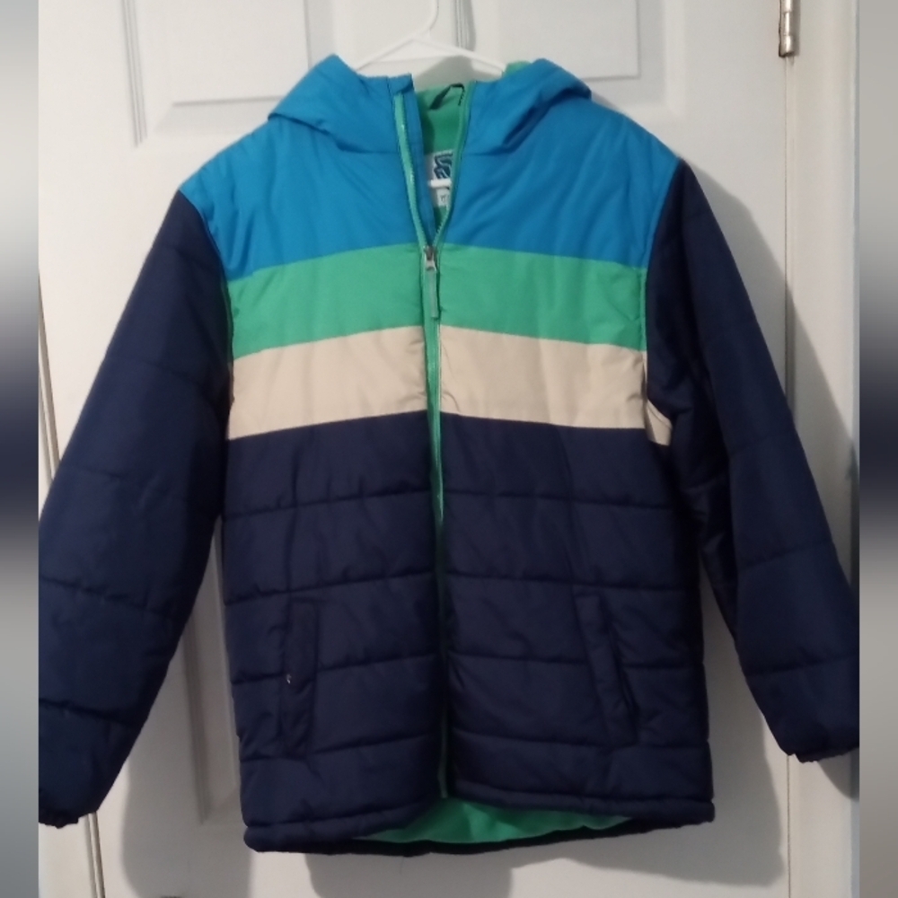 Kids Colorblock Puffer Jacket - Blue, Green, and Cream